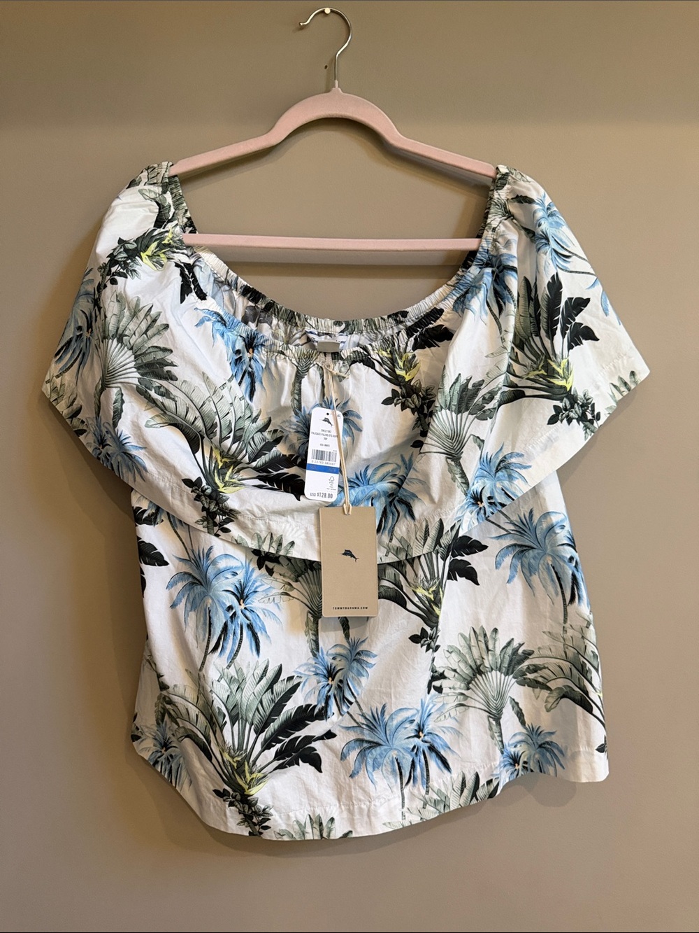 Tommy Bahama White Tropical Off-Shoulder Blouse with Blue Palm Print
